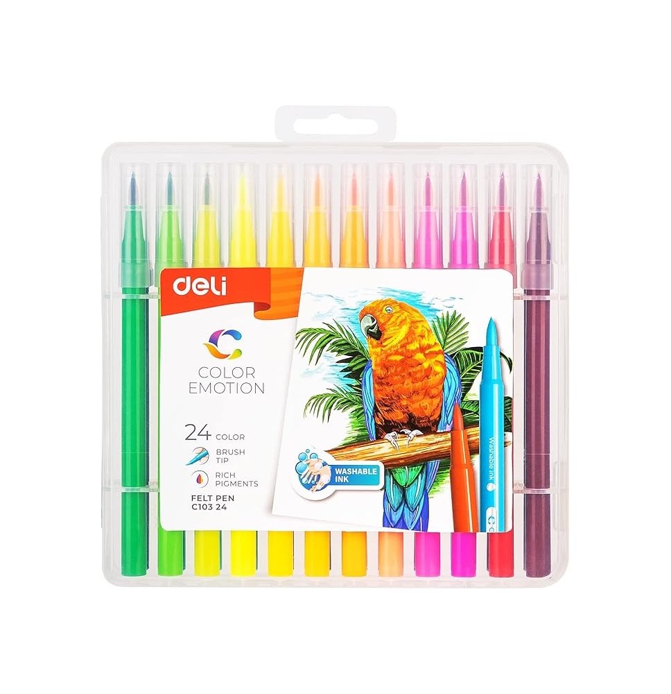 Deli 24 Washable Ink Brush Tip Felt Pen 1Pck