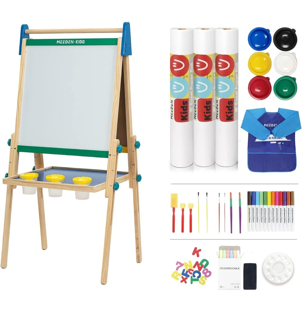 Meeden Double Sided Kids Adj-Wooden Art Easel +Painting Kit Set 1Pc