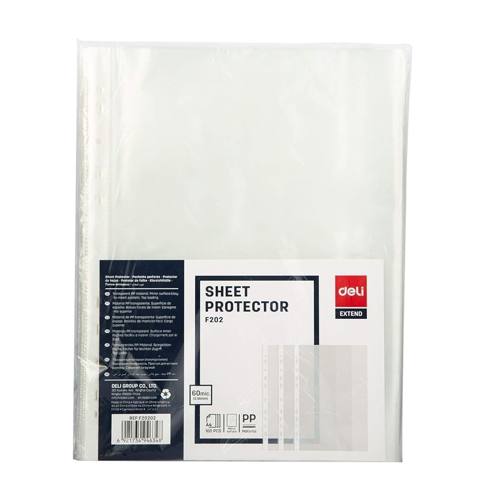 Deli Extend Sheet Protector 100Pcs/60mic A4 1Pck